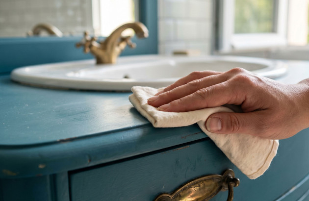 Personne qui passe un coup de chiffon sur son meuble de salle de bains bleu en bois rétro