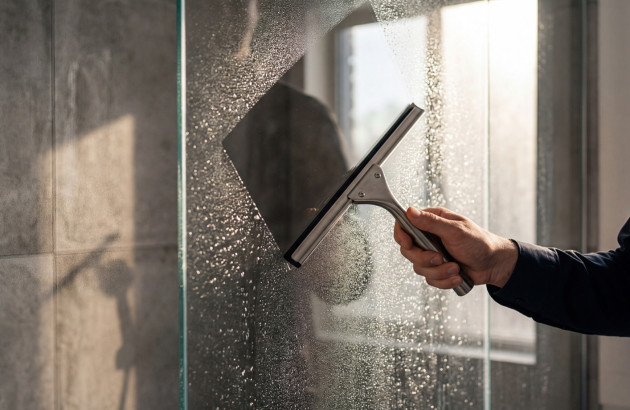 Homme qui passe une raclette de douche sur sa paroi de douche pour enlever l'eau persistante et éviter les traces de calcaire