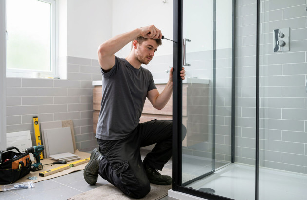 Homme qui fait le montage d'une paroi de douche