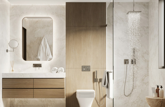 Salle de bain moderne de couleur blanche et bois