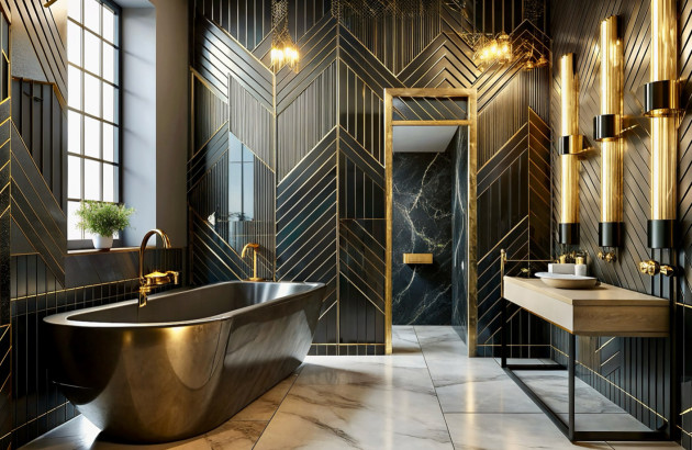 Salle de bains noire et dorée au style art déco prononcé