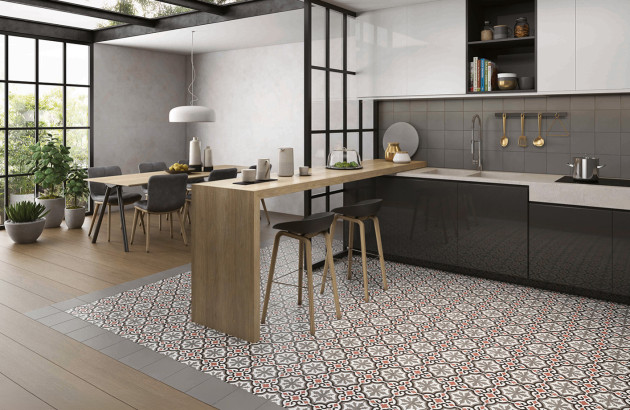 Cuisine avec un espace délimité par du carrelage imitation carreaux de ciment au sol
