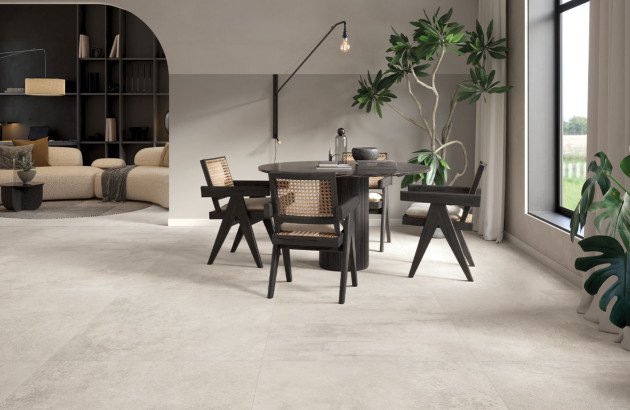 Carrelage béton  de teinte beige dans un séjour de style moderne