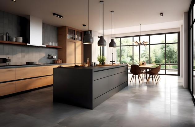Cuisine ouverte avec un carrelage de très bonne qualité