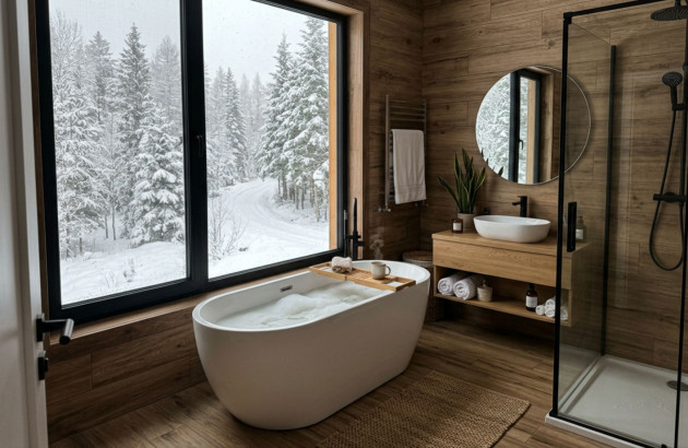 Salle de bains esprit chalet avec carrelage imitation bois, baignoire moderne et vue sur un paysage enneigé.