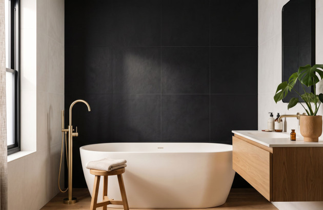 Salle de bains blanche contrastée avec un mur de fond noir pour un effet de profondeur