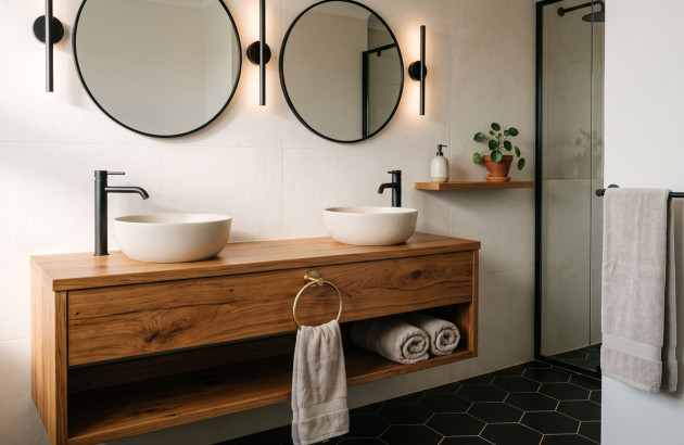 Salle de bains avec un carrelage sol noir et de grands carreaux muraux