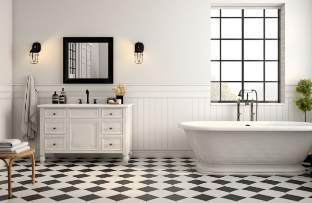 Salle de bain vintage avec carrelage noir et blanc