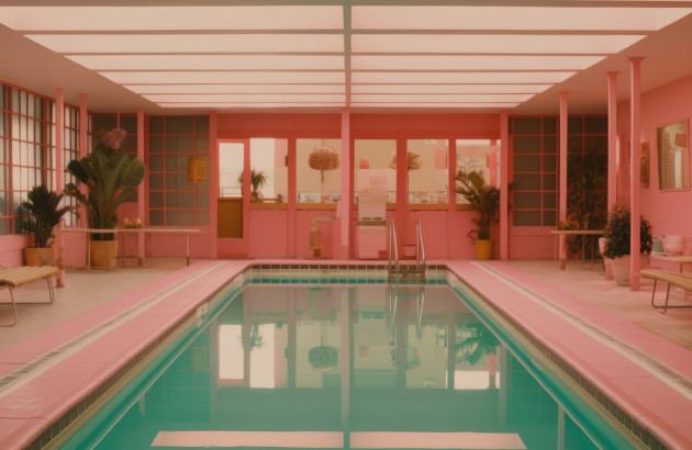 Piscine intérieure dans une maison moderne aux tons roses pastels