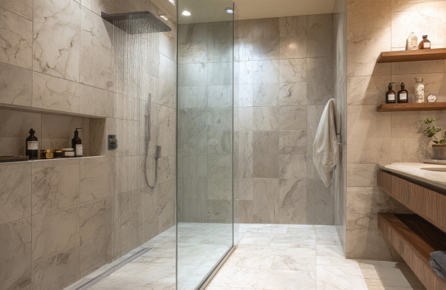 Salle de bains avec douche italienne recouverte de carrelage porcelaine