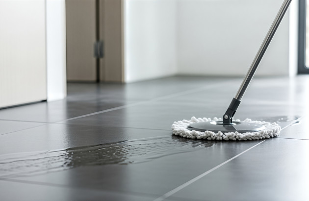 Nettoyage facile d'un carrelage de sol gris anthracite résistant à l'eau et aux produits ménagers.