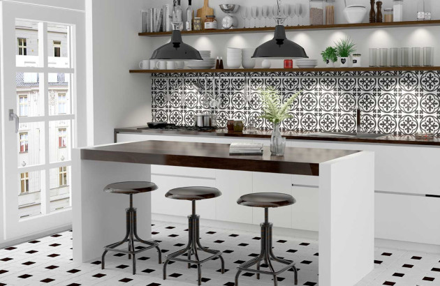 Carrelage sol rétro noir et blanc et carreaux de ciment dans une cuisine