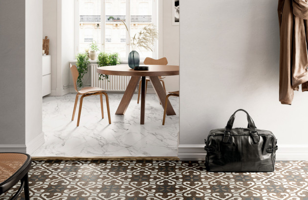 Carrelage sol imitation carreaux de ciment et marbre pour entrée et séjour