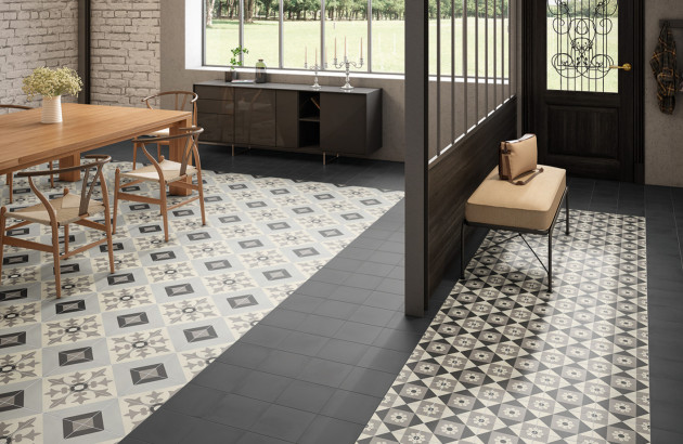 Carrelage au sol rétro à motifs imitation carreaux de ciment
