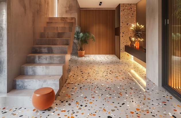 Couloir vétu de carrelage en terrazzo gris
