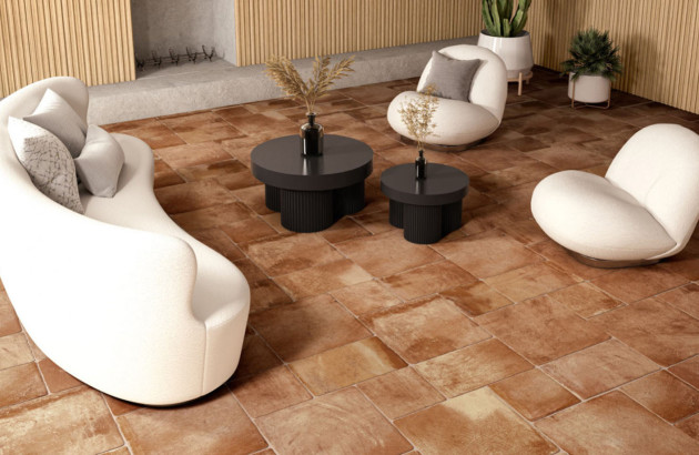 Salon avec carrelage en terre cuite