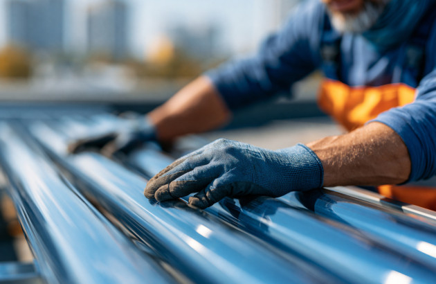 Homme artisan qui contrôle l'installation de panneaux solaires photovoltaïques