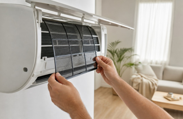 Retrait du filtre d’une climatisation murale pour effectuer son nettoyage et assurer son bon fonctionnement.