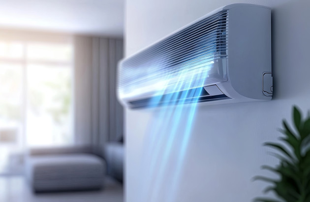 Climatiseur en fonctionnement diffusant de l’air frais dans un salon moderne.