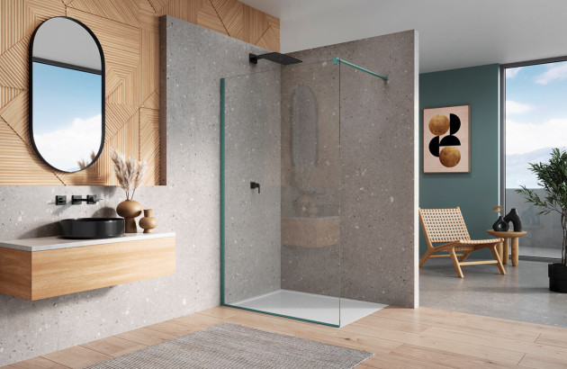 Salle de bains moderne avec du carrelage imitation parquet et une douche avec paroi zen