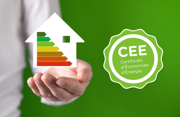 personne qui tient une maison blanche avec une étiquette énergétique à côté d'un badge vert CEE sur un fond vert