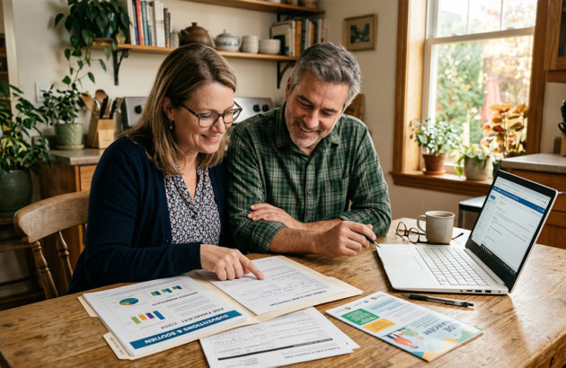 Couple étudiant les aides et solutions de financement pour leurs travaux de rénovation énergétique.