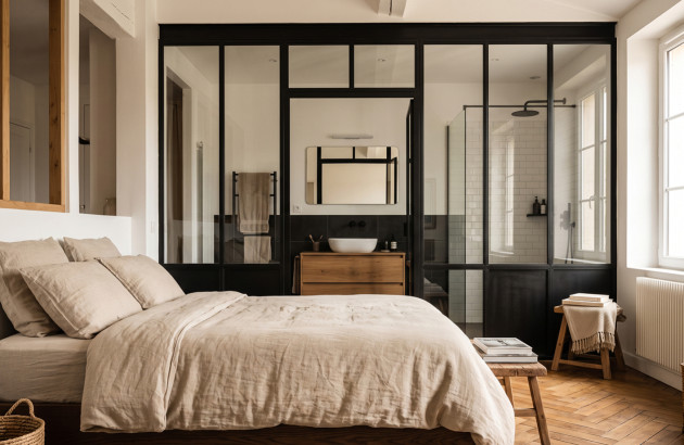 Suite parentale avec salle de bain de style industriel