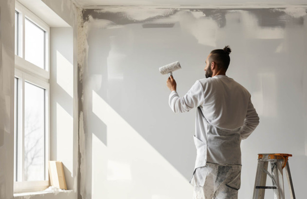 Homme qui repeint un mur de sa maison en travaux de rénovation