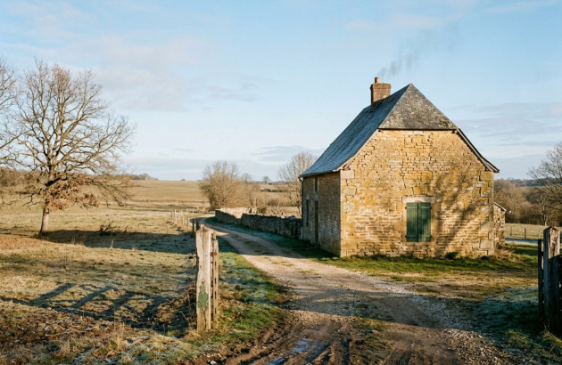 Maison ancienne en pierre équipée d’une cheminée, représentative d’un logement chauffé au fioul.