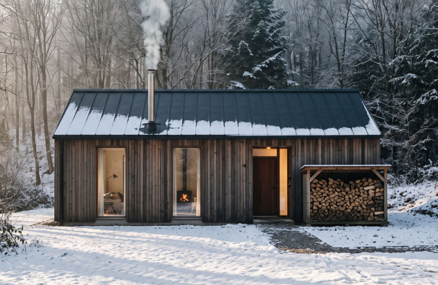 Maison scandinave en bois avec chaudière à bois, chauffée au bois