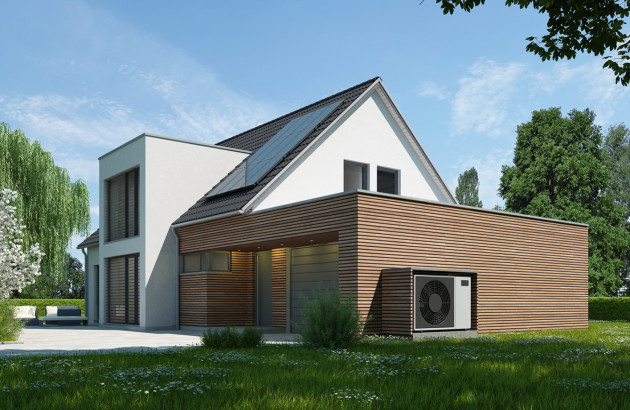 Maison contemporaine avec pompe à chaleur et panneaux photovoltaïques