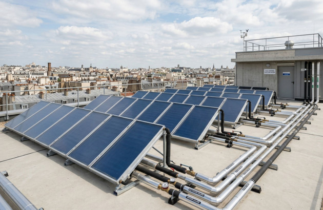 Installation de panneaux solaires thermiques sur un toit d'immeuble dans une ville