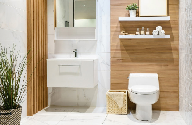 Petite salle de bains moderne avec meubles, lavabo et WC