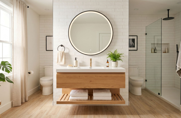 Meuble vasque suspendu en bois installé dans une salle de bains lumineuse avec douche à l’italienne.