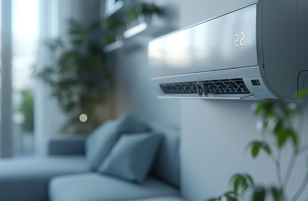 Climatiseur mural affichant la température dans un salon moderne.