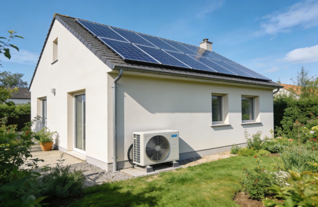 Maison blanche recouverte de panneaux solaires et équipée d'une pompe à chaleur