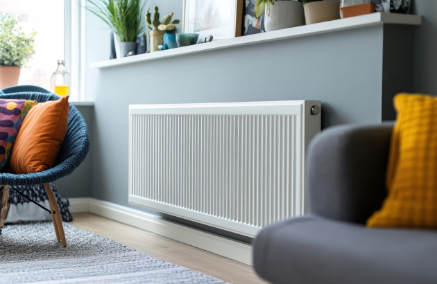 Radiateur en longueur posé contre un mur dans un salon