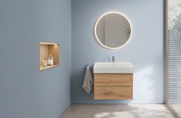Petit meuble vasque en bois avec miroir rond éclairé