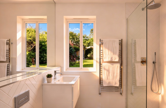 Salle de bains lumineuse avec douche à l’italienne, sèche-serviettes chromé et ambiance minimaliste.