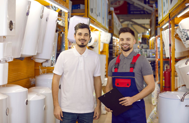 Deux hommes qui présentent des chauffe-eaux dans un entrepôt de vente