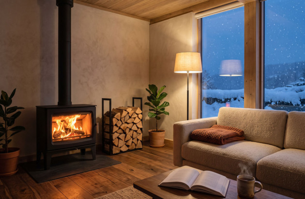 Chaudière à buches dans un salon d'une maison en hiver