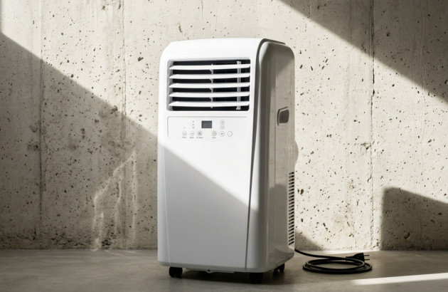 Climatiseur monobloc compact posé au sol dans un intérieur minimaliste en béton brut.
