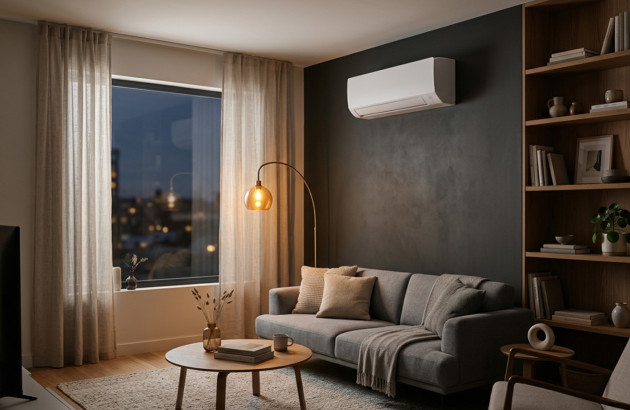 Salon moderne équipé d’un climatiseur mural pour maintenir une température agréable en soirée.