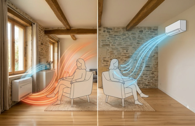 Illustration du fonctionnement climatisation console vs mural avec diffusion d’air chaud et froid dans un séjour