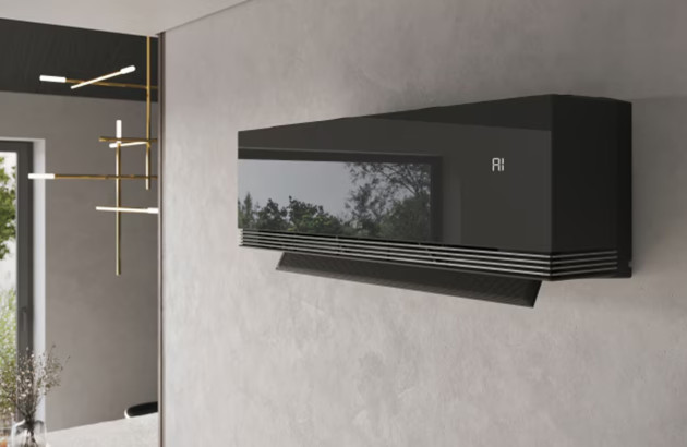 Climatiseur console noir design fixé au mur dans un intérieur contemporain avec éclairage décoratif