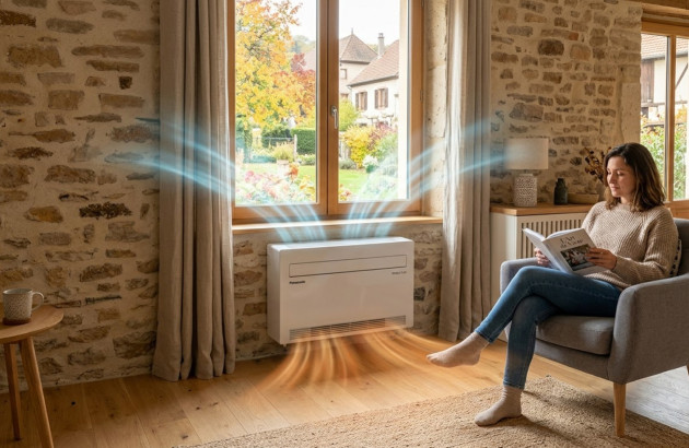 Climatiseur console diffusant de l’air chaud dans un salon avec murs en pierre et grande fenêtre lumineuse