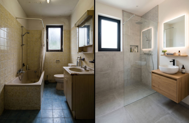 Avant / après d’une rénovation de salle de bains montrant la transformation d’un ancien espace en douche moderne et lumineuse.