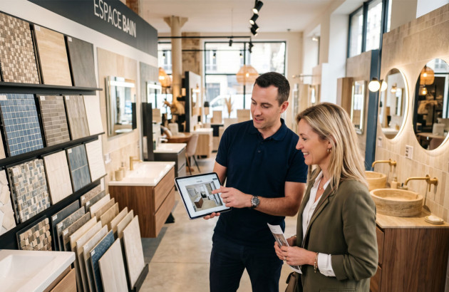 Couple accompagné d’un conseiller dans un showroom de salle de bains consultant des échantillons de carrelage et un projet sur tablette.