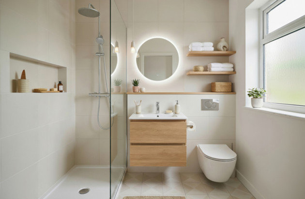 Salle de bains contemporaine avec douche vitrée, meuble suspendu effet bois et carrelage gris clair.