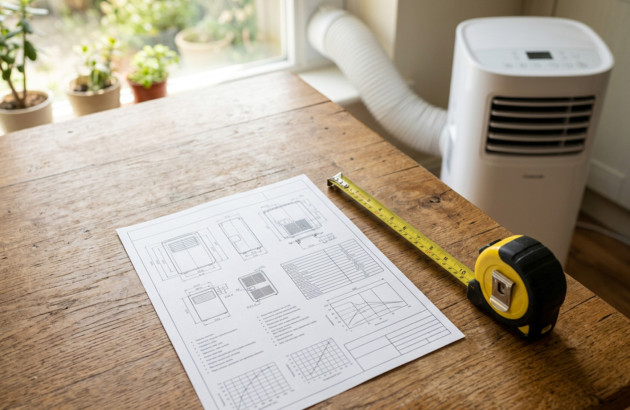 Plan technique et prise de mesures pour choisir un climatiseur monobloc adapté à la pièce.